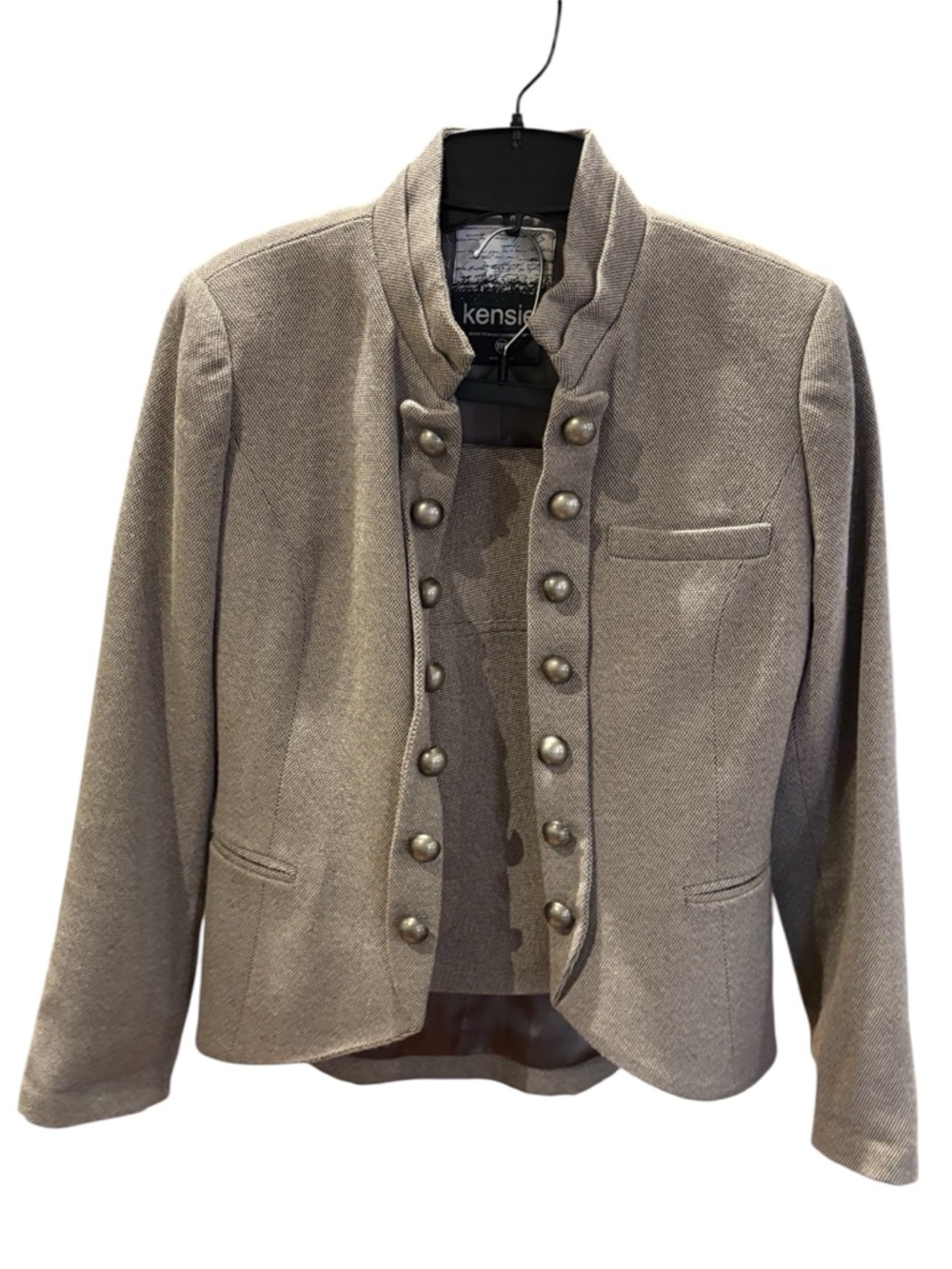 2 piece Kensie set. Taupe Jacket w/ Shiny Brown Lining and matching mini skirt.